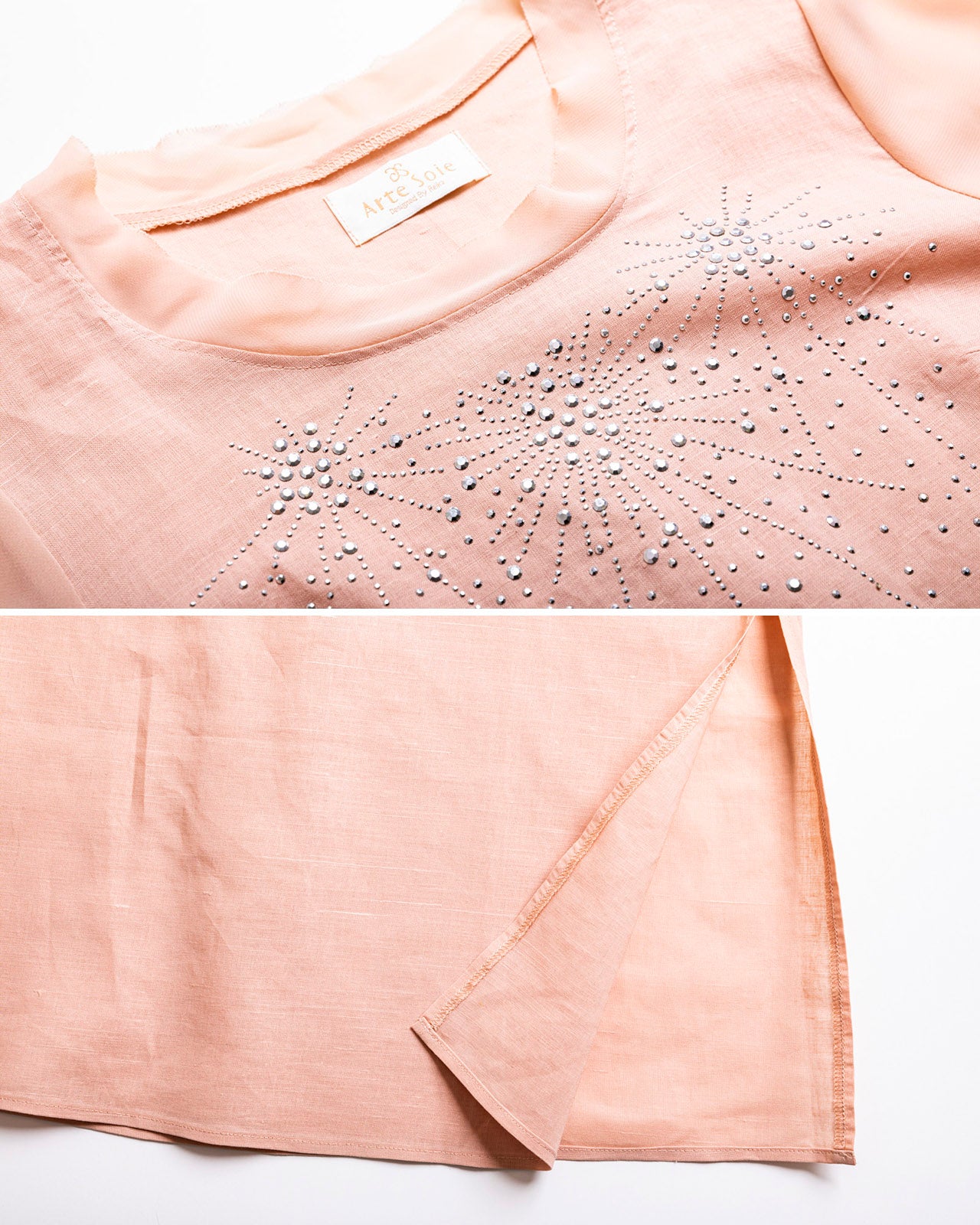 上品カジュアルラインストーン付麻混チュニック