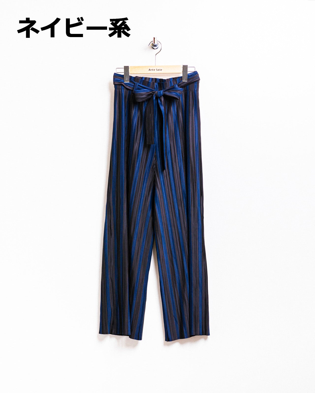 ストライプ美脚プリーツワイドパンツ リボンベルト付き